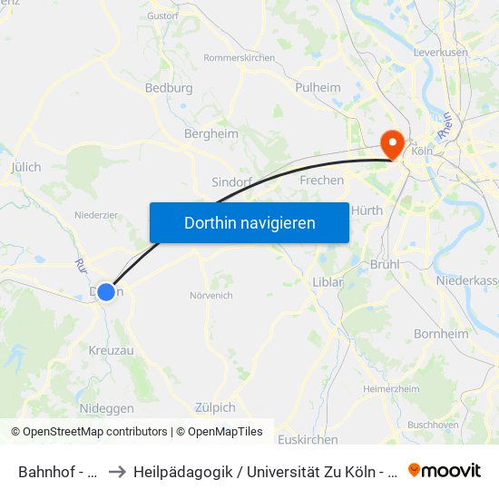 Bahnhof - Düren to Heilpädagogik / Universität Zu Köln - Klosterstraße map