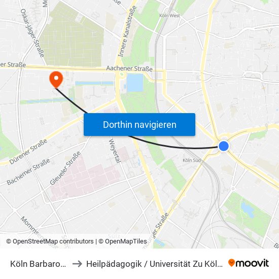 Köln Barbarossaplatz to Heilpädagogik / Universität Zu Köln - Klosterstraße map