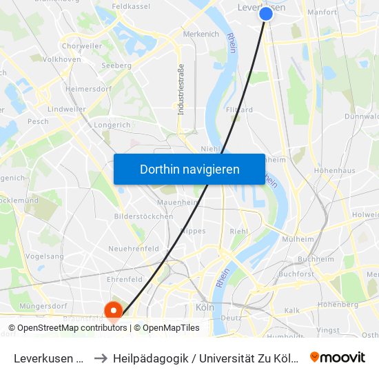 Leverkusen Mitte Bf to Heilpädagogik / Universität Zu Köln - Klosterstraße map