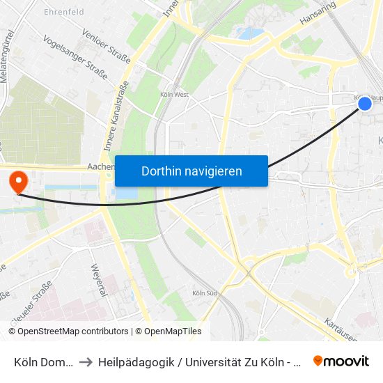 Köln Dom/Hbf to Heilpädagogik / Universität Zu Köln - Klosterstraße map