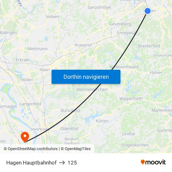 Hagen Hauptbahnhof to 125 map