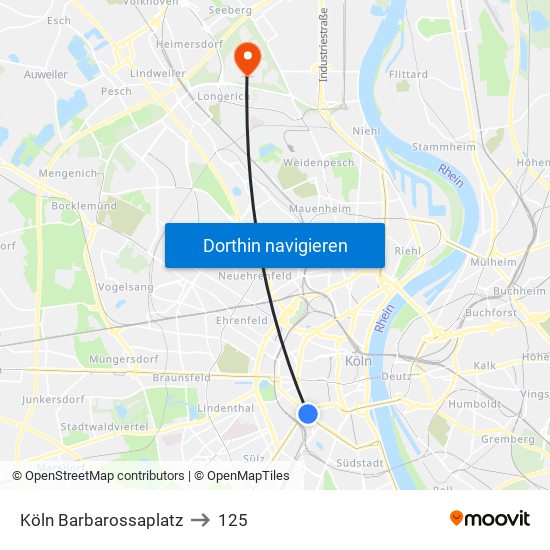Köln Barbarossaplatz to 125 map