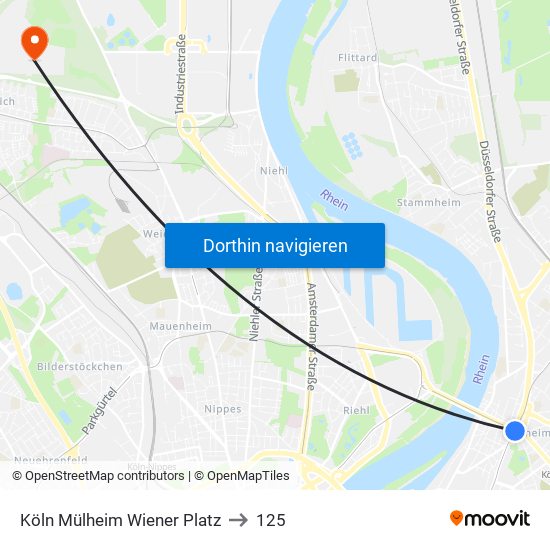 Köln Mülheim Wiener Platz to 125 map