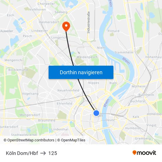 Köln Dom/Hbf to 125 map