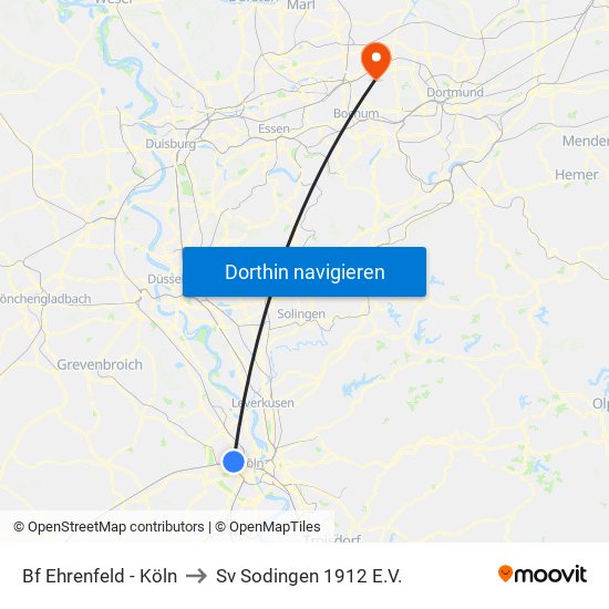 Bf Ehrenfeld - Köln to Sv Sodingen 1912 E.V. map