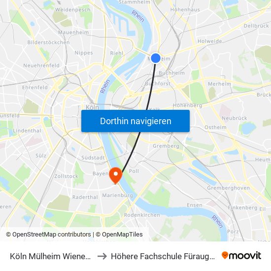 Köln Mülheim Wiener Platz to Höhere Fachschule Füraugenoptik map