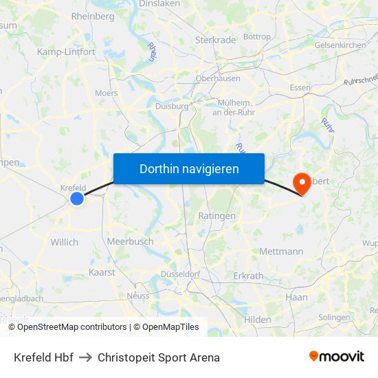 Krefeld Hbf to Christopeit Sport Arena map