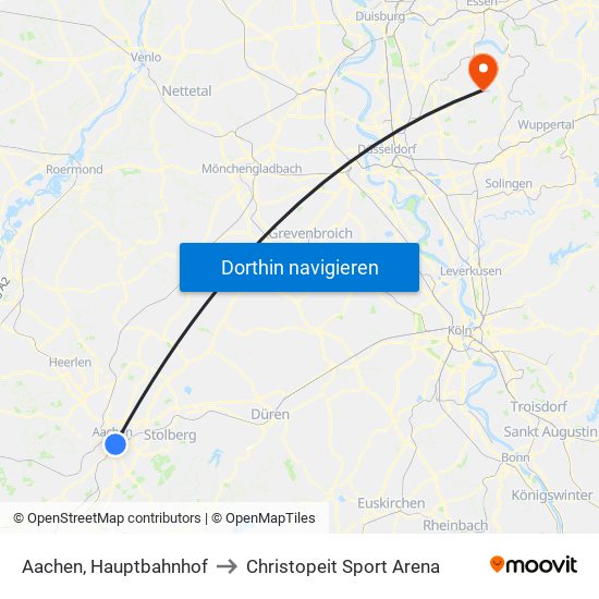 Aachen, Hauptbahnhof to Christopeit Sport Arena map