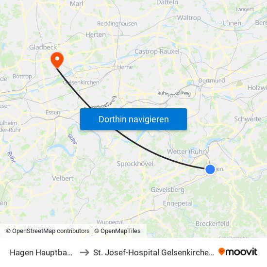 Hagen Hauptbahnhof to St. Josef-Hospital Gelsenkirchen-Horst map