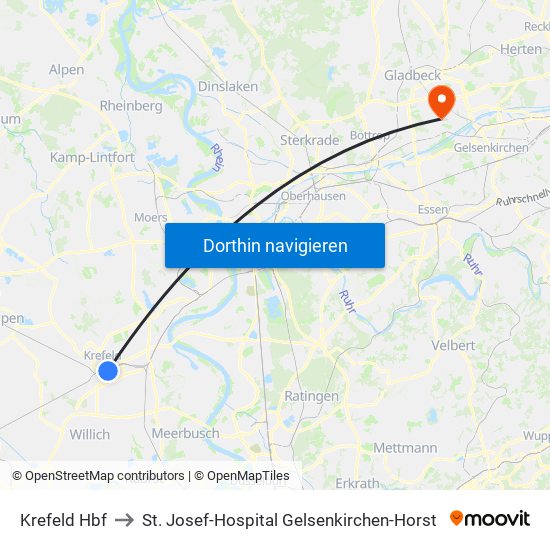 Krefeld Hbf to St. Josef-Hospital Gelsenkirchen-Horst map