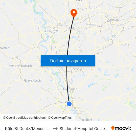Köln Bf Deutz/Messe Lanxess Arena to St. Josef-Hospital Gelsenkirchen-Horst map