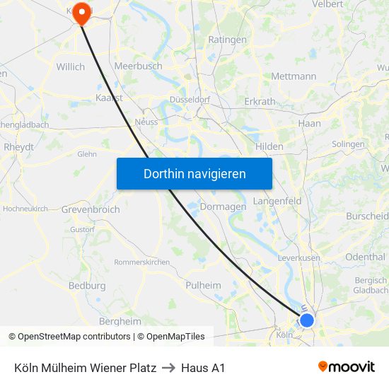 Köln Mülheim Wiener Platz to Haus A1 map