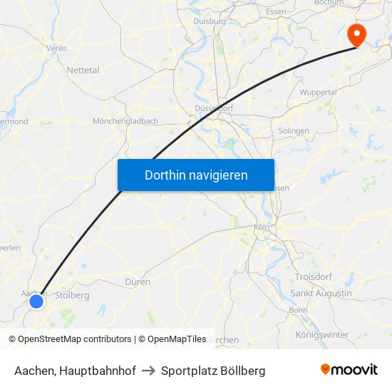 Aachen, Hauptbahnhof to Sportplatz Böllberg map