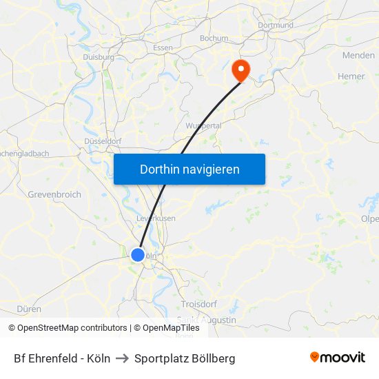 Bf Ehrenfeld - Köln to Sportplatz Böllberg map