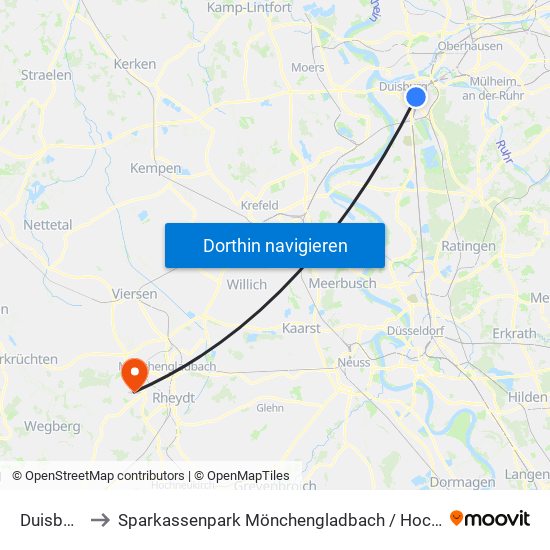 Duisburg Hbf to Sparkassenpark Mönchengladbach / Hockeypark Mönchengladbach map