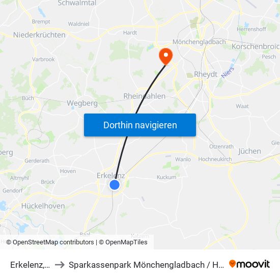 Erkelenz, Bahnhof to Sparkassenpark Mönchengladbach / Hockeypark Mönchengladbach map