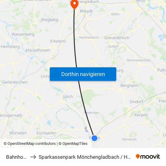 Bahnhof - Düren to Sparkassenpark Mönchengladbach / Hockeypark Mönchengladbach map