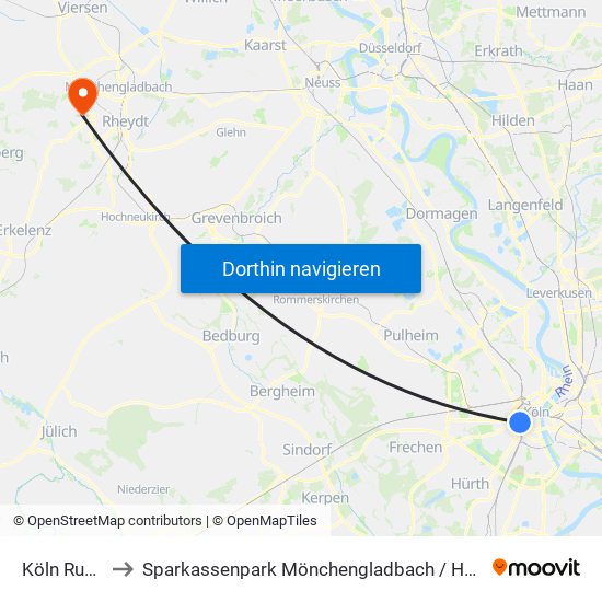 Köln Rudolfplatz to Sparkassenpark Mönchengladbach / Hockeypark Mönchengladbach map