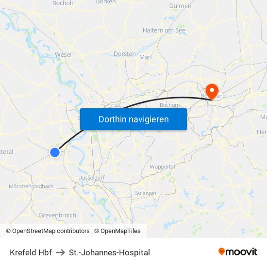 Krefeld Hbf to St.-Johannes-Hospital map