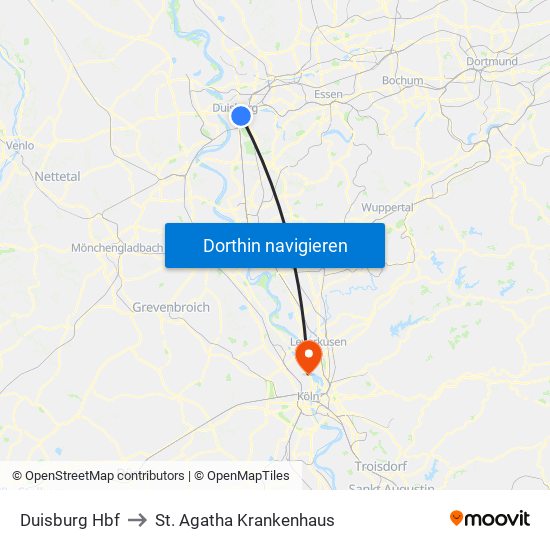 Duisburg Hbf to St. Agatha Krankenhaus map