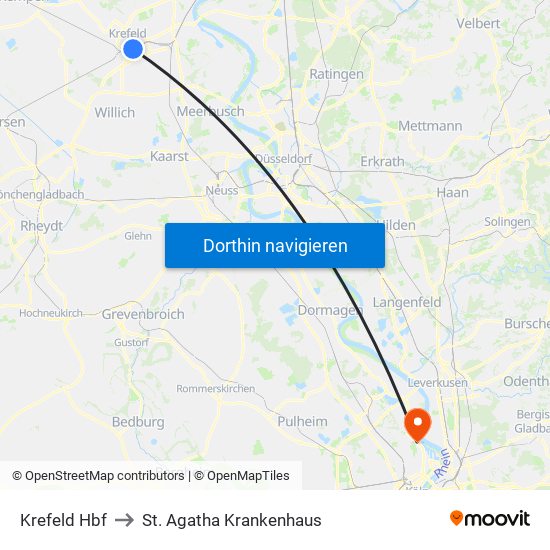 Krefeld Hbf to St. Agatha Krankenhaus map