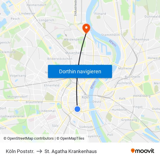 Köln Poststr. to St. Agatha Krankenhaus map