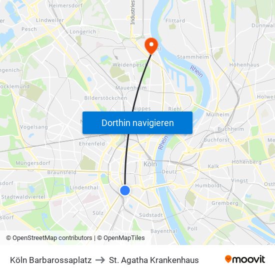 Köln Barbarossaplatz to St. Agatha Krankenhaus map