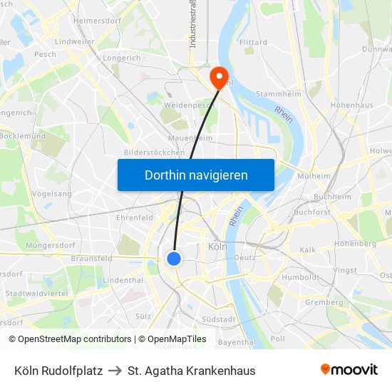 Köln Rudolfplatz to St. Agatha Krankenhaus map