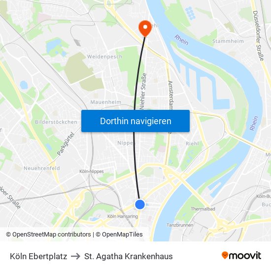 Köln Ebertplatz to St. Agatha Krankenhaus map