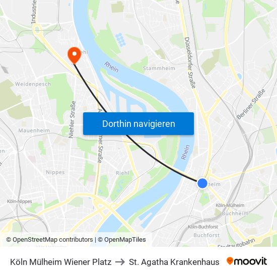 Köln Mülheim Wiener Platz to St. Agatha Krankenhaus map