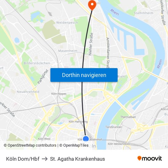 Köln Dom/Hbf to St. Agatha Krankenhaus map