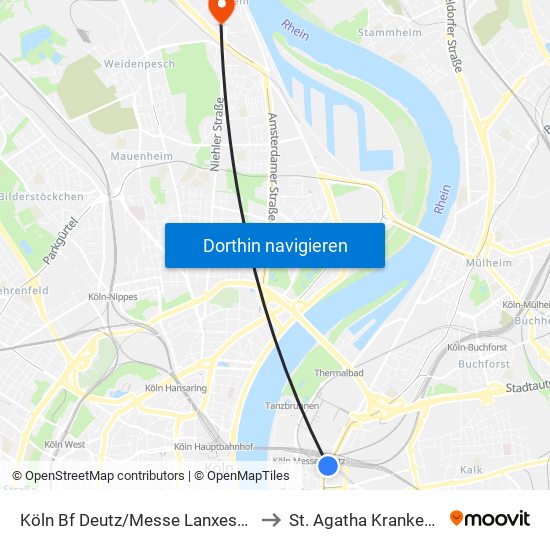 Köln Bf Deutz/Messe Lanxess Arena to St. Agatha Krankenhaus map