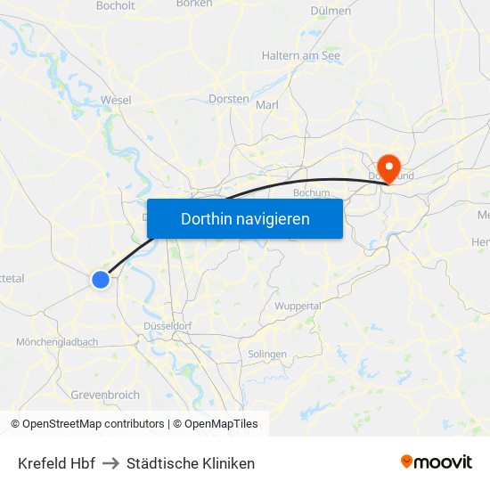 Krefeld Hbf to Städtische Kliniken map