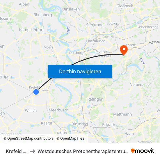 Krefeld Hbf to Westdeutsches Protonentherapiezentrum Essen map