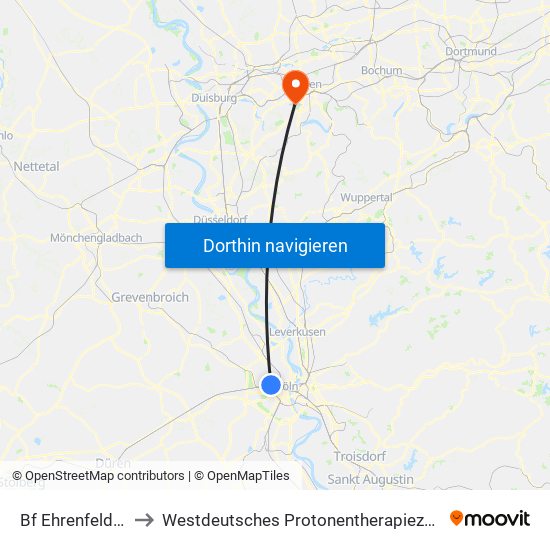 Bf Ehrenfeld - Köln to Westdeutsches Protonentherapiezentrum Essen map