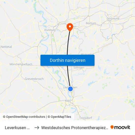 Leverkusen Mitte Bf to Westdeutsches Protonentherapiezentrum Essen map