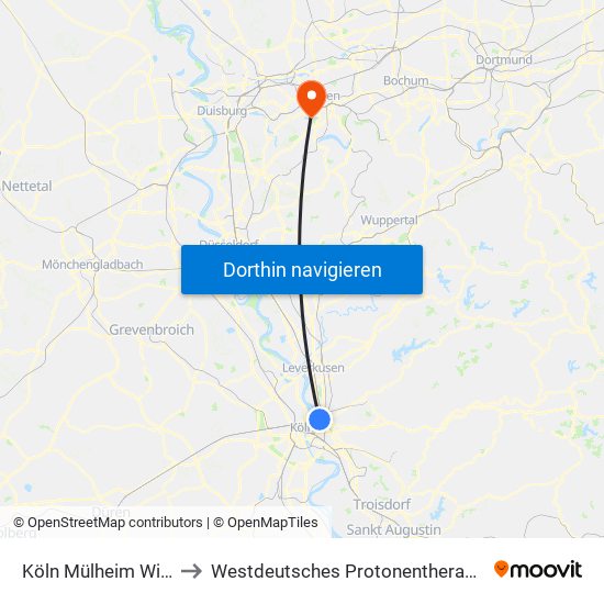 Köln Mülheim Wiener Platz to Westdeutsches Protonentherapiezentrum Essen map