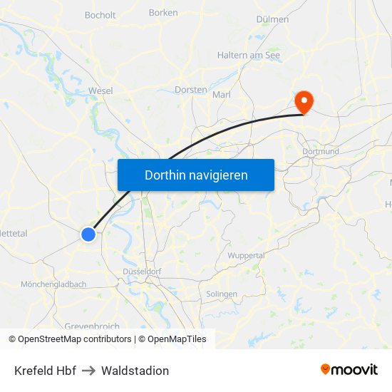 Krefeld Hbf to Waldstadion map