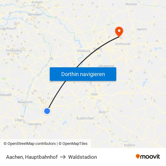 Aachen, Hauptbahnhof to Waldstadion map