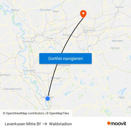 Leverkusen Mitte Bf to Waldstadion map