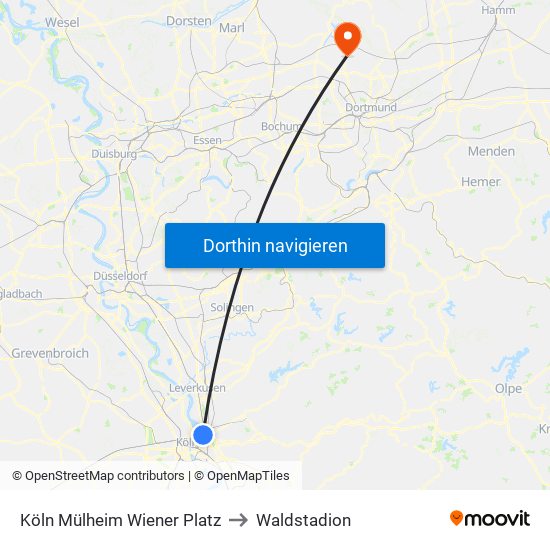 Köln Mülheim Wiener Platz to Waldstadion map