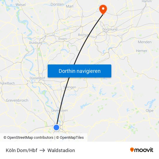 Köln Dom/Hbf to Waldstadion map