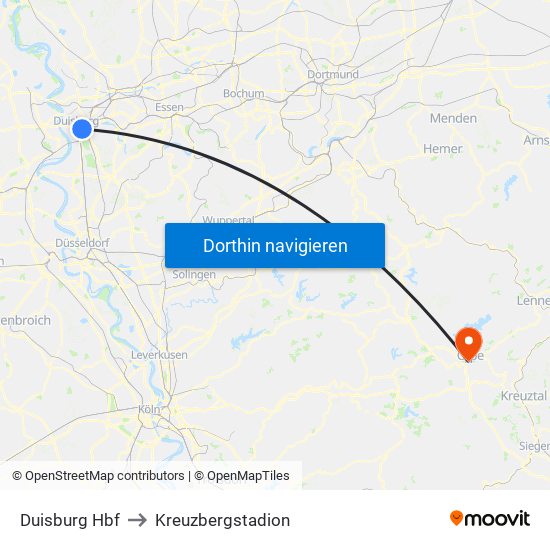 Duisburg Hbf to Kreuzbergstadion map