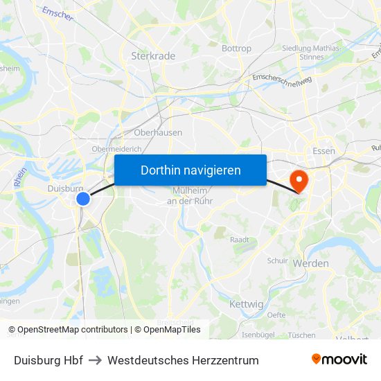 Duisburg Hbf to Westdeutsches Herzzentrum map