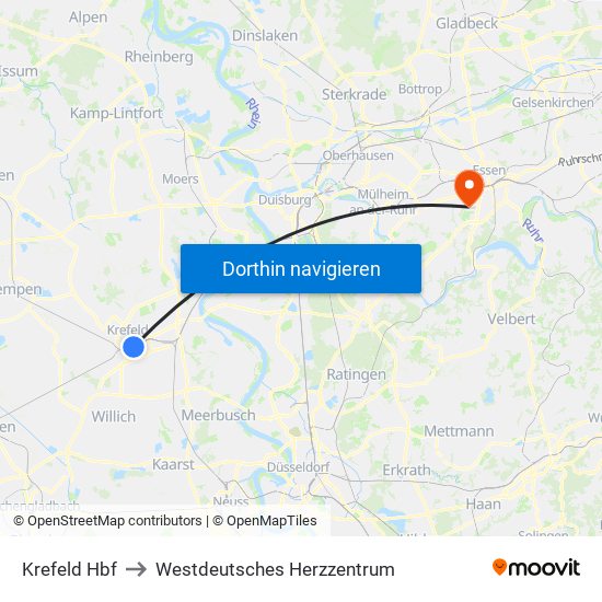 Krefeld Hbf to Westdeutsches Herzzentrum map