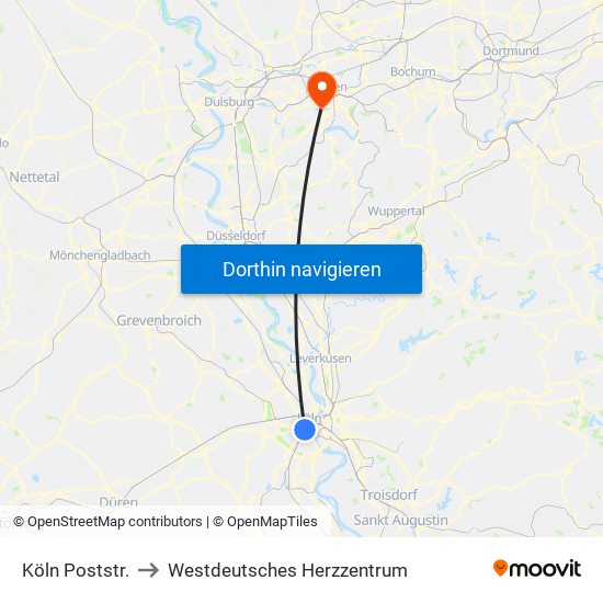 Köln Poststr. to Westdeutsches Herzzentrum map