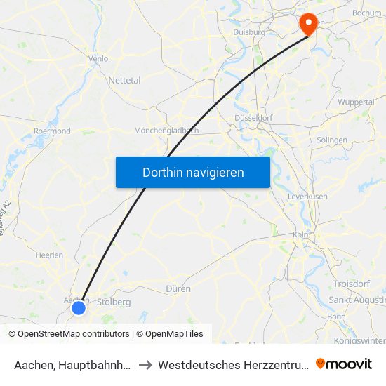 Aachen, Hauptbahnhof to Westdeutsches Herzzentrum map