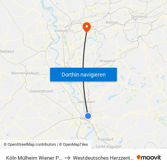 Köln Mülheim Wiener Platz to Westdeutsches Herzzentrum map