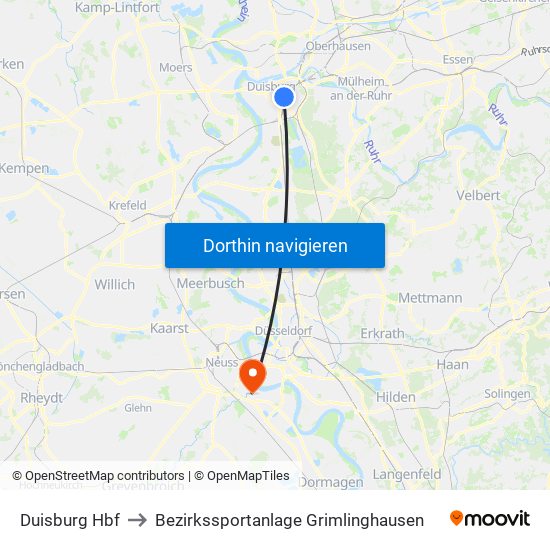 Duisburg Hbf to Bezirkssportanlage Grimlinghausen map