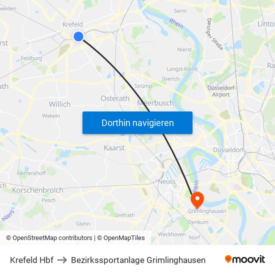 Krefeld Hbf to Bezirkssportanlage Grimlinghausen map